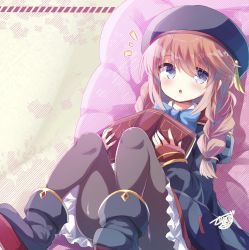 Rule 34 | 1girl, :o, beret, black coat, black footwear, black hat, black pantyhose, blue bow, blue eyes, blush, book, boots, bow, braid, brown hair, coat, collar, commentary request, frilled collar, frills, hair between eyes, hair over shoulder, hat, highres, hood, hood down, hooded coat, juliet sleeves, knees up, kuriyuzu kuryuu, long hair, long sleeves, looking at viewer, notice lines, open book, pantyhose, parted lips, princess connect!, puffy sleeves, shoe soles, signature, sleeves past wrists, solo, twin braids, yuni (princess connect!)