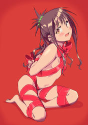 Rule 34 | 1girl, absurdres, arado balanga (xchd7538), arms behind back, bad id, bad pixiv id, barefoot, blush, brown eyes, brown hair, female focus, full body, hair bobbles, hair ornament, highres, looking at viewer, naked ribbon, navel, open mouth, red background, red ribbon, restrained, ribbon, simple background, solo, to love-ru, to love-ru darkness, toes, yuuki mikan
