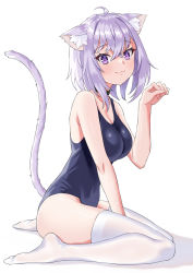 Rule 34 | 1girl, ahoge, animal ears, blush, breasts, cat ears, cat girl, cat tail, cleavage, collar, hair between eyes, highres, hololive, kaimuu (fahrenheit724), large breasts, looking at viewer, nekomata okayu, one-piece swimsuit, paw pose, purple eyes, purple hair, shiny skin, sitting, smile, solo, swimsuit, tail, thighhighs, virtual youtuber, wariza, white background