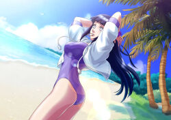 Rule 34 | 1girl, ass, beach, bird, black hair, breasts, cloud, grass, highleg, highleg swimsuit, hyuuga hinata, jacket, lens flare, long hair, medium breasts, naruto (series), naruto shippuuden, ocean, official art, one-piece swimsuit, palm tree, seagull, solo, swimsuit, tree, white eyes, white jacket