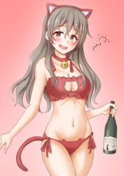 Rule 34 | 1girl, animal ears, anti (untea9), bell, blush, bottle, bra, breasts, brown eyes, cat cutout, cat ears, cat tail, cleavage, clothing cutout, collarbone, cowboy shot, grey hair, hair between eyes, highres, holding, holding bottle, jingle bell, kantai collection, long hair, medium breasts, navel, open mouth, panties, pola (kancolle), red bra, red panties, smile, solo, squeans, tail, underwear