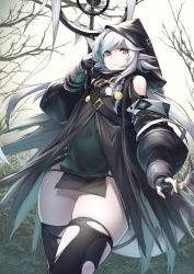 Rule 34 | 1girl, arknights, bare shoulders, black thighhighs, brown eyes, cloak, covered navel, cowboy shot, crocodilian tail, detached sleeves, dress, green dress, hand up, highres, holding, holding staff, hood, hooded cloak, itaco, long hair, long sleeves, looking at viewer, multicolored hair, pelvic curtain, pointy ears, puffy sleeves, short dress, skindentation, solo, staff, standing, streaked hair, tail, thighhighs, thighs, tomimi (arknights), torn clothes, torn thighhighs, white hair