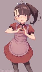 Rule 34 | 1girl, ahoge, alternate costume, alternate hairstyle, apron, asymmetrical bangs, black pantyhose, blunt bangs, blush, bow, bowtie, brown hair, dress, frilled apron, frills, hair ornament, hairclip, heart, heart hands, long hair, mochi (mochi444420), open mouth, pantyhose, pink apron, pink bow, pink bowtie, ponytail, purple background, red dress, red eyes, short sleeves, simple background, solo, sweat, touhoku kiritan, voiceroid