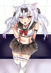 Rule 34 | 1girl, :o, animal ears, azur lane, bare shoulders, black bow, black sailor collar, black skirt, blush, bow, bra, bra peek, breasts, brown eyes, cat ears, circle skirt, collarbone, commentary request, day, fang, frilled thighhighs, frills, groin, hair bow, hand up, highres, long hair, looking at viewer, midriff, navel, nose blush, open mouth, pleated skirt, sailor collar, school uniform, serafuku, setu (shining12), shirt, silver hair, skirt, sleeveless, sleeveless shirt, small breasts, solo, sunlight, thighhighs, twintails, underwear, white shirt, white thighhighs, window, yukikaze (azur lane)