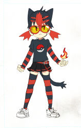 Rule 34 | &gt;:(, 10s, 1girl, absurdres, ahoge, animal ears, belt, black hair, black shirt, black skirt, cat ears, cat tail, creatures (company), fire, frown, full body, game freak, gen 7 pokemon, glasses, hair ornament, hairclip, highres, layered sleeves, litten, long sleeves, miniskirt, multicolored hair, nintendo, personification, poke ball, pokemon, pokemon sm, red-framed eyewear, red eyes, red hair, shirt, shoes, short hair, short over long sleeves, short sleeves, skirt, sneakers, solo, standing, striped clothes, striped thighhighs, t-shirt, tail, thighhighs, twintails, two-tone hair, v-shaped eyebrows, white footwear, yu yanshu, zettai ryouiki