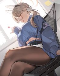 Rule 34 | 1girl, animal ears, blue archive, blue sweater, blush, breasts, brown hair, candy, fake animal ears, food, glasses, hair ornament, halo, highres, large breasts, light brown hair, lollipop, long hair, long sleeves, looking at viewer, mendou kusai, moe (blue archive), pantyhose, pom pom (clothes), pom pom hair ornament, rabbit ears, round eyewear, solo, sweater, twintails, yellow eyes