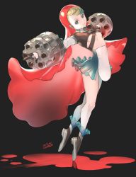 Rule 34 | 1girl, black background, blonde hair, blood, breasts, cherico, cylinder, dated, frills, green eyes, highres, little red riding hood, little red riding hood (grimm), no panties, open cylinder (revolver), original, princess royale, reflection, see-through, signature, simple background, solo, tiptoes, turtleneck, underboob, veil