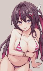 Rule 34 | 1girl, azki (4th costume) (hololive), azki (hololive), bikini, black hair, breasts, cleavage, colored inner hair, hair between eyes, hair ornament, hololive, large breasts, long hair, looking at viewer, multicolored hair, navel, pink hair, pixel art, purple eyes, solo, stomach, streaked hair, swimsuit, tongue, tongue out, virtual youtuber, white hair, zou eita