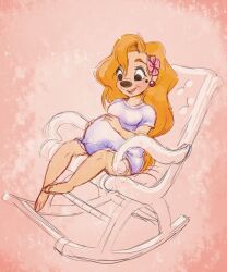 1girl a_goofy_movie aged_up belly big_belly black_kitty breasts chair commentary english_commentary flower flower_on_head hands_on_own_stomach highres long_hair pregnant rocking_chair roxanne_(a_goofy_movie) rubbing_stomach sitting solo very_long_hair