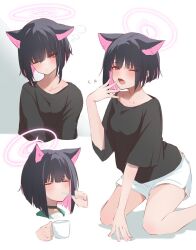 Rule 34 | 1girl, bare legs, black hair, black shirt, blue archive, blunt ends, blush, breasts, brushing teeth, collarbone, colored inner hair, cup, disembodied hand, exiadoon, halo, highres, holding, holding cup, kazusa (blue archive), kneeling, looking at viewer, medium breasts, multicolored hair, multiple views, pink hair, shirt, short hair, shorts, squeans, sleepy, two-tone hair, white shorts, yawning