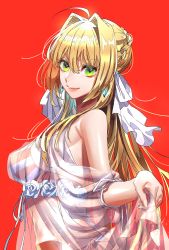 Rule 34 | 1girl, bikini, braid, commentary request, criss-cross halter, earrings, fate/grand order, fate (series), french braid, green eyes, hair intakes, halterneck, highres, jewelry, long hair, looking at viewer, nero claudius (fate), nero claudius (fate) (all), nero claudius (swimsuit caster) (fate), nero claudius (swimsuit caster) (third ascension) (fate), red bikini, see-through, smile, striped bikini, striped clothes, swimsuit, tenobe, upper body