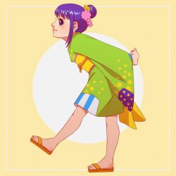 Rule 34 | 1girl, absurdres, arms behind back, closed mouth, from side, full body, hair bun, hair ornament, highres, japanese clothes, one piece, purple hair, sandals, single hair bun, smile, solo, kurozumi tama, traditional clothes, tsukizawr