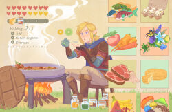 Rule 34 | 1boy, apple, artist name, banana, black gloves, blonde hair, blowing on food, blue eyes, boots, bouquet, brown footwear, brown gloves, carrot, chair, cheese, commentary, earrings, egg (food), english commentary, english text, fingerless gloves, fire, fish, flask, flower, food, fruit, gameplay mechanics, gloves, grey pants, highres, holding, holding spoon, jasmin bythebay, jewelry, knee boots, link, male focus, meat, medium hair, mushroom, nintendo, open mouth, pants, pointy ears, single fingerless glove, single glove, sitting, solo, spoon, stew, the legend of zelda, the legend of zelda: tears of the kingdom, tomato, watermelon, watermelon slice, wok