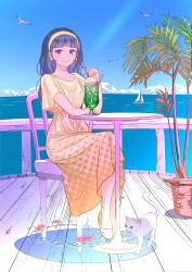 Rule 34 | 1girl, absurdres, bird, black hair, boat, cat, chair, cherry, closed mouth, cup, day, drink, drinking glass, drinking straw, fish, food, fruit, hairband, highres, ice, ice cream, ice cream float, ice cube, long hair, melon soda, nap on a cloud, ocean, original, outdoors, plant, polka dot, polka dot hairband, polka dot skirt, potted plant, purple eyes, sailboat, shirt, sitting, skirt, smile, soda, solo, table, watercraft, white cat, yellow hairband, yellow shirt, yellow skirt