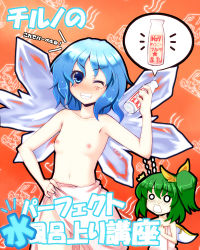 Rule 34 | 2girls, cirno, daiyousei, flat chest, milk, multiple girls, nipples, saemon (tonpura), text focus, embodiment of scarlet devil, topless, touhou, towel, translation request