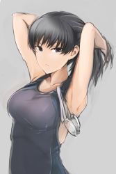 Rule 34 | 1girl, absurdres, amagami, armpits, arms behind head, breasts, closed mouth, commentary request, goggles, grey background, grey eyes, grey hair, hands up, highres, ku-ba, large breasts, long hair, looking at viewer, one-piece swimsuit, simple background, solo, swimsuit, tsukahara hibiki, tying hair, upper body, wet