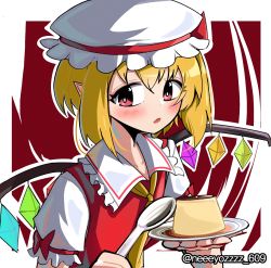 Rule 34 | 1girl, ascot, blonde hair, crystal, custard, flandre scarlet, hat, hat ribbon, highres, holding, holding spoon, looking at viewer, mob cap, outline, pointy ears, red eyes, red ribbon, ribbon, short hair, short sleeves, solo, spam (spamham4506), spoon, touhou, twitter username, upper body, white hat, white outline, wings, yellow ascot
