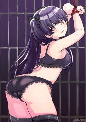 Rule 34 | 1girl, angry, armpits, arms up, ass, bare arms, bare shoulders, bdsm, beiske (de skb3), black hair, blunt bangs, blunt ends, blush, bondage, bound, bound arms, bra, breasts, butt crack, cowboy shot, dungeon, highres, idolmaster, idolmaster shiny colors, lace, lace-trimmed bra, lace-trimmed legwear, lace-trimmed panties, lace trim, lingerie, long hair, looking at viewer, mayuzumi fuyuko, medium breasts, midriff, panties, prison, red eyes, signature, solo, thighhighs, two side up, underwear, underwear only