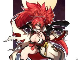 Rule 34 | 1girl, armor, baiken, breasts, cape, cleavage, commentary, english commentary, facial tattoo, feet out of frame, fighting stance, full moon, ginseng (xin), guilty gear, guilty gear strive, huge breasts, japanese armor, katana, kote, looking at viewer, moon, one-eyed, outline, samurai, scar, scar across eye, scar on face, sheath, sheathed, solo, sword, tattoo, torn sleeve, weapon