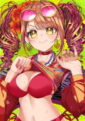 Rule 34 | 1girl, absurdres, bikini, breasts, closed mouth, clothes lift, collar, d4dj, drill hair, dyna (d4), eyewear on head, flower, hair flower, hair ornament, highres, jacket, large breasts, lifting own clothes, long hair, long sleeves, looking at viewer, nail polish, navel, red bikini, red collar, seto rika, shirt, shirt lift, sleeveless, sleeveless shirt, smile, solo, stomach, sunglasses, swimsuit, twin drills, twintails, upper body, yellow eyes