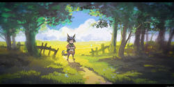 Rule 34 | 1girl, :o, ahoge, animal ears, arsenixc, basket, black eyes, black hair, bracelet, cat, child, cloud, commentary request, day, dot nose, fantasy, fence, fox ears, fox girl, fox tail, highres, holding, holding basket, jewelry, letterboxed, looking at viewer, original, outdoors, parted lips, scenery, shadow, short hair, solo, standing, tail, tree, tree shade