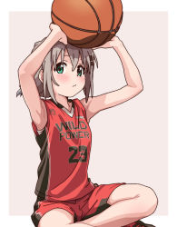 Rule 34 | 1girl, armpits, arms up, ball, basketball, basketball (object), basketball uniform, blush, border, closed mouth, female focus, green eyes, grey hair, hair ornament, hairclip, highres, holding, holding ball, indian style, jersey, outside border, shorts, simple background, sitting, solo, sportswear, white border, yama no susume, ykr (youkiri), yukimura aoi