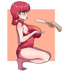 Rule 34 | 1girl, barefoot, blue eyes, blush, braid, breasts, chinese clothes, crying, erenav, food, genderswap, genderswap (mtf), highres, ice cream, large breasts, open mouth, popsicle, ranma-chan, ranma 1/2, red hair, saotome ranma, sexually suggestive, single braid, solo focus, squatting, tearing up, tears, thighs, tongue