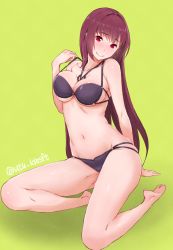 Rule 34 | 1girl, adapted costume, arm behind back, artist name, bare arms, bare legs, bare shoulders, barefoot, bikini, blush, breasts, cleavage, closed mouth, collarbone, eyebrows, fate/grand order, fate (series), full body, green background, hair intakes, head tilt, highres, large breasts, long hair, looking at viewer, multi-strapped bikini bottom, multi-strapped bikini top, navel, pulled by self, purple bikini, red eyes, red hair, scathach (fate), simple background, sitting, smile, solo, stomach, strap pull, swimsuit, utu (ldnsft), very long hair, yokozuwari