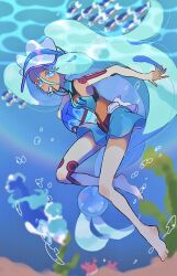 Rule 34 | 1girl, air bubble, aria pkmn, barefoot, blue eyes, blurry, blurry background, bubble, colored eyelashes, commentary request, corsola, creatures (company), crossover, eyelashes, game freak, gen 2 pokemon, gen 7 pokemon, green hair, grey hat, hair between eyes, hatsune miku, highres, knees, long hair, mouth hold, nintendo, outdoors, pokemon, pokemon (creature), project voltage, solo, toes, twintails, underwater, visor cap, vocaloid, water miku (project voltage), wishiwashi, wishiwashi (solo)