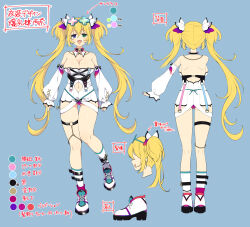 Rule 34 | 1girl, :3, ass, backboob, bare shoulders, belt, black belt, black choker, blonde hair, blue background, blue eyes, blue nails, blush, bow, bowtie, breasts, butterfly hair ornament, chain, character sheet, choker, cleavage, clothing cutout, clover-shaped eyewear, color guide, concept art, detached sleeves, dress, eyewear on head, fingernails, gluteal fold, gold chain, gradient panties, green eyes, hair ornament, heterochromia, high heel sneakers, highres, kneepits, large breasts, leg belt, long hair, looking at viewer, microdress, multicolored nails, multiple views, nail polish, navel, navel cutout, o-ring, o-ring thigh strap, official alternate costume, official alternate hair length, official alternate hairstyle, official art, open mouth, panties, pink nails, purple panties, red panties, revealing clothes, ryouna (senran kagura), senran kagura, senran kagura new link, senran kagura shinovi versus, shoelaces, shoes, shoulder blades, simple background, smile, sneakers, socks, solo, standing, standing on one leg, tareme, thigh gap, thigh strap, thighs, tongue, translation request, turnaround, twintails, underwear, very long hair, white bow, white dress, white footwear, white sleeves, white sneakers, white socks, wing print