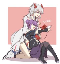 Rule 34 | 2girls, arknights, black footwear, black gloves, black legwear, black shirt, black wristband, blouse, boots, braid, cellphone, chinese text, colored skin, dragon girl, dragon horns, dragon tail, ear piercing, earbuds, earphones, fang, fingerless gloves, gloves, highres, holding, holding phone, horns, hug, hug from behind, jacket, kneeling, lava (arknights), leaning back, leaning on person, leg tattoo, long hair, mabing, multicolored hair, multiple girls, navel, nian (arknights), open mouth, pantyhose, phone, piercing, pointy ears, ponytail, purple eyes, purple hair, purple skirt, red hair, red skin, shirt, shoes, short hair with long locks, short twintails, sideways mouth, single glove, skin fang, skirt, socks, streaked hair, tail, tattoo, translated, twintails, white footwear, white hair, white jacket, yuri