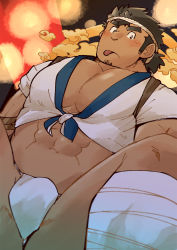 Rule 34 | 1boy, abs, bara, bare pectorals, blush, bulge, dark-skinned male, dark skin, facial hair, fat, fat man, festival, forked eyebrows, from below, fundoshi, hachimaki, halo, halo behind head, happi, headband, highres, infernal deity (housamo), japanese clothes, large pectorals, looking at viewer, male focus, male underwear, midriff, muscular, navel, nipples, open clothes, pectoral cleavage, pectorals, sawch cls, short hair, sideburns, solo, spread legs, stomach, stubble, tenjin (tokyo houkago simmoners), thighs, tokyo houkago summoners, tongue, tongue out, underwear, white male underwear