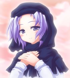 Rule 34 | 1girl, face, female focus, hands on own chest, hood, kumoi ichirin, light purple hair, looking at viewer, nagana sayui, own hands together, purple eyes, purple hair, short hair, smile, solo, touhou
