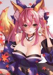 Rule 34 | 1girl, absurdres, animal ear fluff, animal ears, blue bow, blue kimono, bow, breasts, detached collar, detached sleeves, fate/extra, fate/grand order, fate (series), fox ears, fox girl, fox shadow puppet, fox tail, grangrangao, hair bow, highres, japanese clothes, kimono, large breasts, pink hair, solo, tail, tamamo (fate), tamamo no mae (fate/extra), twintails, upper body, yellow eyes