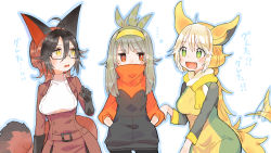 Rule 34 | 3girls, :d, ahoge, animal ears, black gloves, black hair, boltund, breasts, brown hair, collar, covered mouth, creatures (company), dog ears, fox ears, fox tail, game freak, gen 8 pokemon, gloves, green eyes, grey hair, hair between eyes, hairband, hand up, hands in pockets, long hair, looking at another, medium breasts, multicolored hair, multiple girls, nintendo, open mouth, personification, petticoat, pokemon, pokemon swsh, raboot, red eyes, sakutake (ue3sayu), short hair, smile, standing, sweatdrop, tail, tail wagging, thievul, translation request, two-tone hair, white background, yellow eyes, yellow hairband