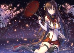 Rule 34 | 1girl, anchor, black thighhighs, brown eyes, brown hair, cherry blossoms, detached sleeves, flower, hair flower, hair ornament, headgear, hip vent, holding, holding umbrella, kantai collection, katee, long hair, long sleeves, miniskirt, oil-paper umbrella, outdoors, pleated skirt, ponytail, red skirt, shell, shirt, single thighhigh, skirt, sleeves past wrists, solo, thigh strap, thighhighs, umbrella, white shirt, yamato (kancolle)