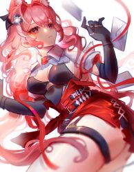 Rule 34 | 1girl, 973371059, arknights, black gloves, black shirt, breasts, collar, cowboy shot, elbow gloves, envelope, gloves, hair intakes, hair ornament, highres, jewelry, long hair, medium breasts, multiple rings, pink eyes, pink hair, pozyomka (arknights), red ribbon, red skirt, ribbon, ring, shirt, sideboob, simple background, skirt, solo, thigh strap, thighs, thumb ring, white background, white collar