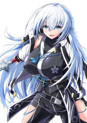 Rule 34 | 1girl, absurdres, blue eyes, breasts, clothing cutout, coat, double-parted bangs, eiyuu densetsu, hair between eyes, half updo, highres, holding, holding sword, holding weapon, katana, kuro no kiseki, large breasts, light xion, long hair, looking at viewer, open clothes, open coat, open mouth, shizuna rem misurugi, simple background, smile, solo, sword, thigh cutout, thighhighs, weapon, white background, white hair