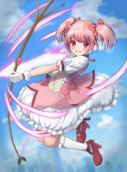 Rule 34 | 1girl, absurdres, arrow (projectile), bow, bow (weapon), bubble skirt, choker, commentary request, gloves, grin, hair bow, high heels, highres, hinasuzu69, holding, holding bow (weapon), holding weapon, kaname madoka, kneehighs, looking at viewer, magical girl, mahou shoujo madoka magica, mahou shoujo madoka magica (anime), pink bow, pink eyes, pink hair, puffy short sleeves, puffy sleeves, red choker, red footwear, ribbon choker, short hair, short sleeves, short twintails, signature, skirt, smile, socks, solo, teeth, twintails, weapon, white gloves, white socks