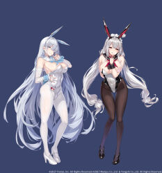 Rule 34 | 2girls, animal ears, azur lane, black footwear, black leotard, black pantyhose, black sailor collar, blue background, blue eyes, blue neckerchief, breasts, cleavage, covered navel, emden (azur lane), fake animal ears, flower, flower over eye, full body, grey hair, highres, large breasts, leotard, licking lips, long hair, looking at viewer, maid, maid headdress, multiple girls, neckerchief, official art, pantyhose, playboy bunny, rabbit ears, red eyes, red neckerchief, sailor collar, scylla (azur lane), shiokonbu, simple background, tongue, tongue out, two-tone leotard, very long hair, white footwear, white hair, white leotard, white pantyhose, white sailor collar, wrist cuffs