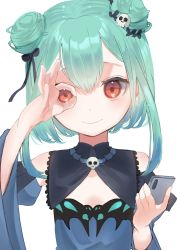 Rule 34 | 1girl, bare shoulders, blue dress, blue hair, blue sleeves, brooch, brown ribbon, cellphone, closed mouth, detached collar, detached sleeves, double bun, dress, earrings, frilled dress, frills, gradient hair, green hair, hair between eyes, hair bun, hair ornament, hair ribbon, highres, holding, holding phone, hololive, jewelry, juliet sleeves, long sleeves, looking at viewer, multicolored hair, nagahisa, phone, puffy sleeves, red eyes, ribbon, short hair, sidelocks, simple background, skull brooch, skull hair ornament, smartphone, smile, solo, strapless, strapless dress, upper body, uruha rushia, uruha rushia (1st costume), virtual youtuber, white background, wide sleeves
