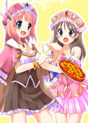 Rule 34 | 2girls, :d, atelier (series), atelier rorona, atelier totori, bad id, bad pixiv id, blue eyes, blush, bracelet, breasts, brown hair, brown skirt, capelet, cleavage, cowboy shot, female focus, food, frills, grey eyes, hat, headdress, jewelry, long hair, minidraco, multiple girls, necklace, open mouth, orange hair, outline, own hands together, pie, pink skirt, pleated skirt, rororina fryxell, short hair, skirt, smile, totooria helmold, yellow background