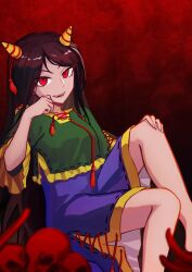Rule 34 | 1girl, absurdres, black hair, blue shorts, fangs, flower, green shirt, highres, horns, long hair, nippaku zanmu, oni horns, open mouth, parted bangs, red eyes, red flower, shirt, short sleeves, shorts, smile, solo, spider lily, touhou, unfinished dream of all living ghost, wys-tb