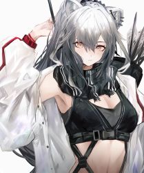 Rule 34 | 1girl, arknights, arrow (projectile), bare shoulders, black scarf, breasts, brown eyes, cat, cleavage, closed mouth, crop top, ear piercing, grey hair, highres, jacket, long hair, long sleeves, looking at viewer, medium breasts, off shoulder, open clothes, open jacket, photoshop (medium), piercing, quiver, scarf, schwarz (arknights), sikinose val, simple background, solo, unbuttoned, white background, white jacket