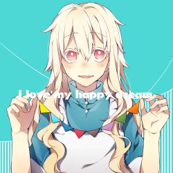 Rule 34 | 1girl, apron, aqua background, blonde hair, blue dress, blush, dress, english text, hair between eyes, highres, holding, kagerou project, kozakura marry, long hair, looking at viewer, open mouth, pink eyes, short sleeves, simple background, solo, sumoffu, upper body, very long hair, white apron