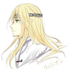 Rule 34 | 1boy, blonde hair, character name, circlet, coat, commentary request, cropped torso, fire emblem, fire emblem: path of radiance, from side, green eyes, long hair, male focus, nintendo, pointy ears, profile, reyson (fire emblem), sidelocks, simple background, sketch, takunori no soren, translated, upper body, white background, white coat