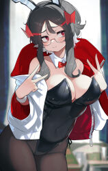 Rule 34 | 1girl, animal ears, artist self-insert, black hair, blush, bow, bowtie, breasts, cleavage, detached collar, double v, fake animal ears, glasses, grey hair, highleg, highleg leotard, highres, huge breasts, jacket, kashu (hizake), leotard, long sleeves, looking to the side, original, pantyhose, playboy bunny, rabbit ears, red eyes, short hair with long locks, sidelocks, skirt, solo, standing, strapless, strapless leotard, traditional bowtie, v, white hair