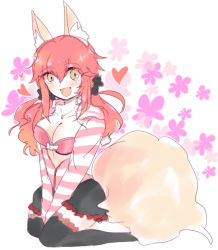 Rule 34 | 10s, 1girl, animal ears, bad id, bad pixiv id, black legwear, bra, breasts, cleavage, collarbone, fang, fate/extra, fate (series), fox ears, fox tail, hair ribbon, heart, large breasts, looking at viewer, official alternate costume, open mouth, pink bra, pink hair, ribbon, sitting, solo, sudaeda, tail, tamamo (fate), tamamo no mae (fate/extra), tamamo no mae (spring casual) (fate), underwear, yellow eyes