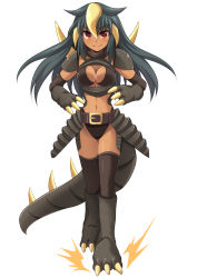 Rule 34 | 1girl, black hair, black king (ultra series), blush, breasts, brown theme, claws, cleavage, cleavage cutout, clothing cutout, cross (crossryou), dark-skinned female, dark skin, horns, large breasts, long hair, looking at viewer, navel, personification, red eyes, return of ultraman, smile, solo, standing, tan, tsuburaya productions, ultra series