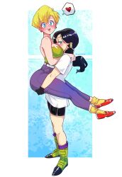 Rule 34 | 2girls, artist name, ass, bare arms, belt, black gloves, black hair, black shorts, blonde hair, blue eyes, blush, boots, breasts, carrying, carrying person, commentary, couple, dragon ball, dragonball z, earrings, english commentary, erasa (dragon ball), eyebrows hidden by hair, face to breasts, facing viewer, fingerless gloves, full body, gloves, hair between eyes, hair tie, half-closed eyes, happy, heart, highres, holding, jewelry, large breasts, lifting person, long hair, looking at viewer, meme, multiple girls, open mouth, pants, puffphox, rozen phox, shirt, shoes, short hair, short sleeves, shorts, simple background, smile, socks, speech bubble, spoken heart, standing, strapless, t-shirt, tank top, teeth, tongue, tube top, twintails, upper teeth only, videl, white shirt, yuri